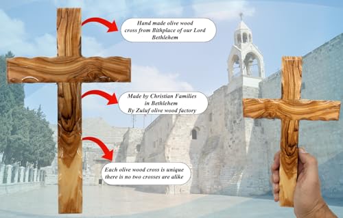 Zuluf Wooden Olivewood Plain Cross For Wall decor | Large Wall Cross Christian Religious Gift | Wall Art Home Room Décor | Jerusalem Decorative Wall Cross with Holy Land Certificate | 25cm / 9.8" - size: 9.8"L x 5.9"W