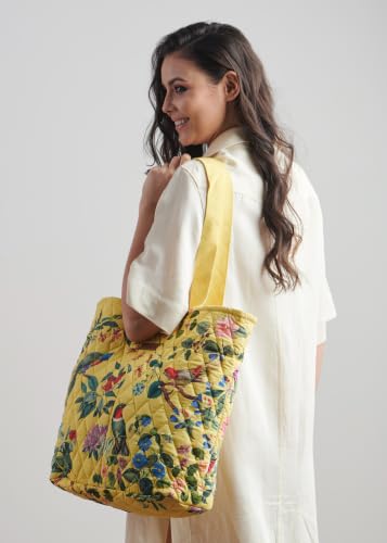 Maison d' Hermine Shopping Bags Cotton Quilted Tote Bag with Zipper Pockets - color: 004 - Eden - Yellow