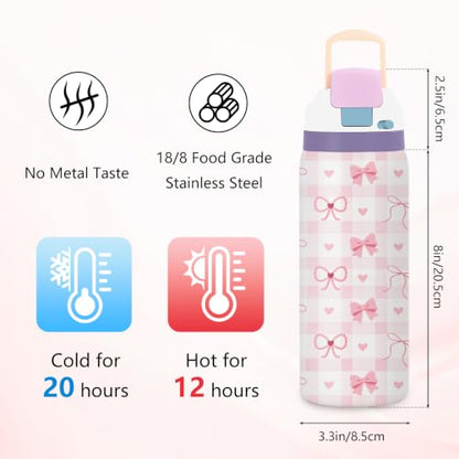 Bow 32oz Insulated Water Bottle, Women Gift, Handle and 2-in-1 Lid, 1PCS - color: Bow-Pink