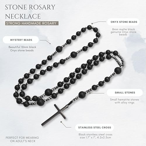 Nazareth Store Jasper Rosary Necklace – Catholic Handmade Rosary with Stone Beads, Hematite Spacers, and Black Alloy Cross – Durable Prayer Beads for Men and Women - color: Black onyx