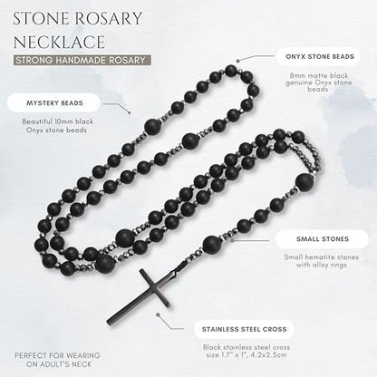 Nazareth Store Jasper Rosary Necklace – Catholic Handmade Rosary with Stone Beads, Hematite Spacers, and Black Alloy Cross – Durable Prayer Beads for Men and Women - color: Black onyx