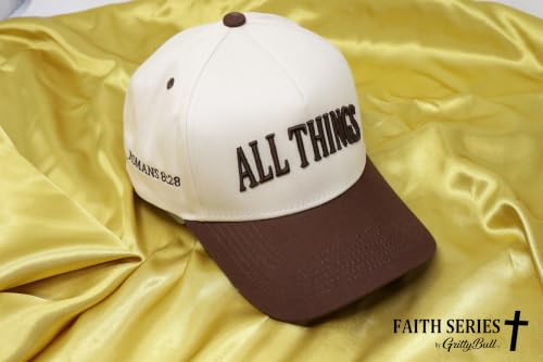 Faith Series 2-Tone Trucker Hat – Christian Faith-Based Cap with Bible Verse Detail - color: All Things | Romans 8:28 | Brown