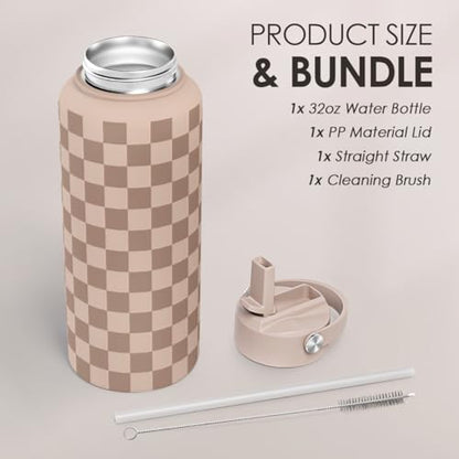 SANDJEST Checkerboard Water Bottle 32oz Stainless Steel with Lid & Straw, Beige Checker Insulated Bottles for Women Girls, Gift Idea for Christmas Birthday - color: Checker