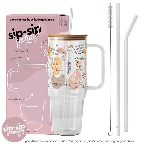 Sip-Sip Hooray! Christian Bible Verse 40oz Glass Tumbler with Lid and Straw
