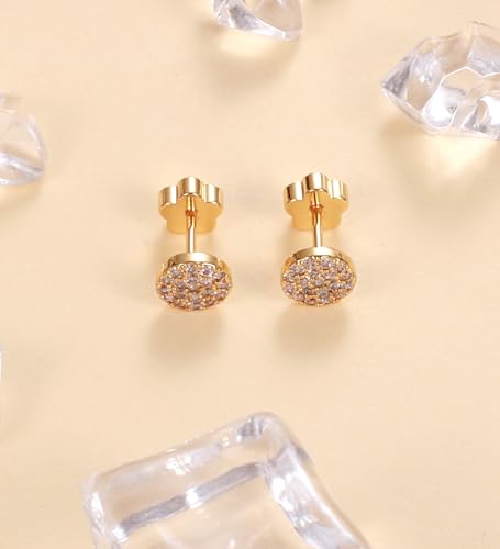 14K Gold Plated Small Stud Earrings for Girls Women Hypoallergenic Surgical Steel Cartilage Flat Back Stud Earrings CZ Cross Dot Bar Heart Handmade Screw Back Earrings Studs - color: Gold, style: Dot