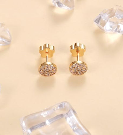 14K Gold Plated Small Stud Earrings for Girls Women Hypoallergenic Surgical Steel Cartilage Flat Back Stud Earrings CZ Cross Dot Bar Heart Handmade Screw Back Earrings Studs - color: Gold, style: Dot