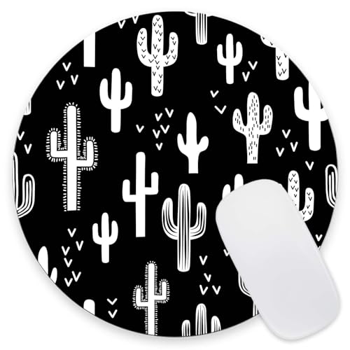 Round Mouse Pad, Black White Cactus Succulent Customized Premium-Textured Mouse Mat,Washable Mousepads with Cloth, Non-Slip Rubber Base Small Mousepad, 7.9×7.9×0.12 inches - color: Black White Cactus Succulent