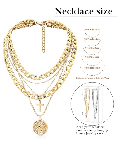 MJartoria Layered Necklaces for Women Trendy Retro Coin Pendant - color: Golden, style: A-Y-Retro Coin-Cross-5 in 1 Layered