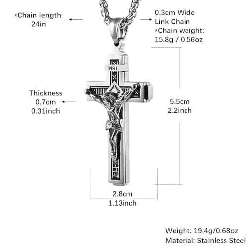 HZMAN Catholic Jesus Christ INRI Cross Crucifix Pendant Necklace for Men - color: Silver