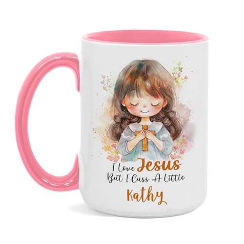 I Love Jesus Mug With Customized Name, Christian Faith Accent Cup 11oz 15oz, Custom Coffee Mug For Christian, Cute Girl Holding Cross Design Cup, Personalized Christian Themed Ceramic Mug - color: XUA-324-1552-I LOVE JESUS MUG