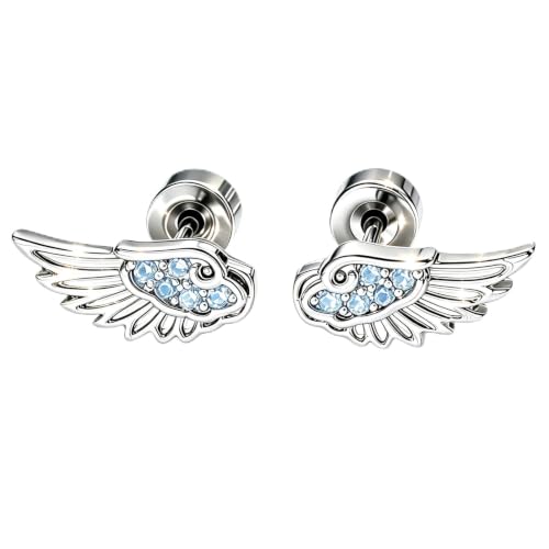 Angel Wing Earrings for Women Statement Flat Back Cartilage Stud Earrings Trendy Angel Wing Helix Piercing Stud Silver Cubic Zirconia Earring Jewelry Accessories - color: Blue
