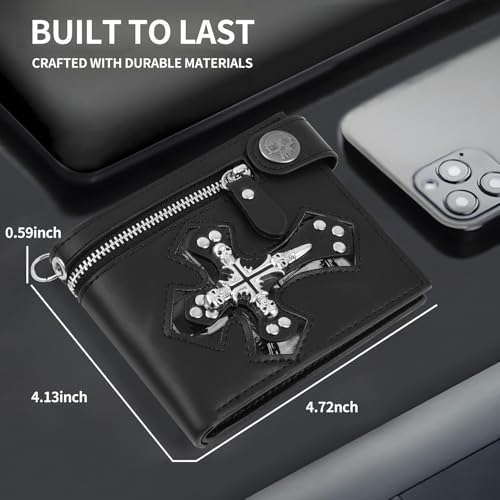 ZEKEE Skull Gothic Chain Wallet Leather Punk Bifold Halloween Goth Accessories Unisex (Jesus' Crucifixion Wide version) - style: Jesus' Crucifixion Wide Version