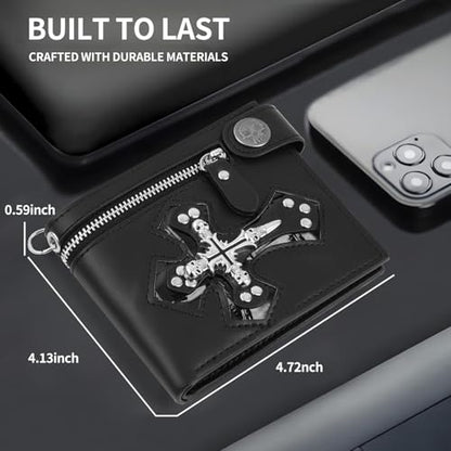 ZEKEE Skull Gothic Chain Wallet Leather Punk Bifold Halloween Goth Accessories Unisex (Jesus' Crucifixion Wide version) - style: Jesus' Crucifixion Wide Version