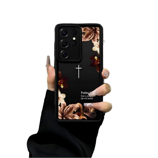 Vintage Floral Cross Psalms 46:5 Phone Case for Samsung S24 Ultra, Black - color: Black