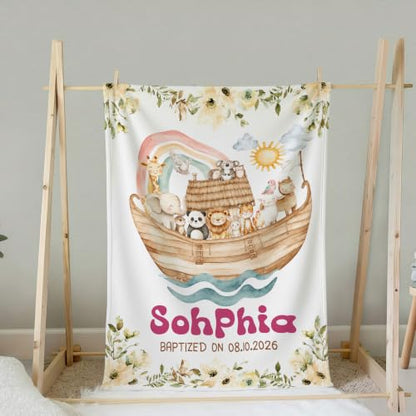 Personalized Baptism Noah's Ark Toddler Blanket, Christian Rainbow Animal Bible Story Throw, Custom Name and Date Faith Keepsake for Boy Girl, Religious Gift from Parents Grandparents - color: Baptsim Toddler Blanket#8