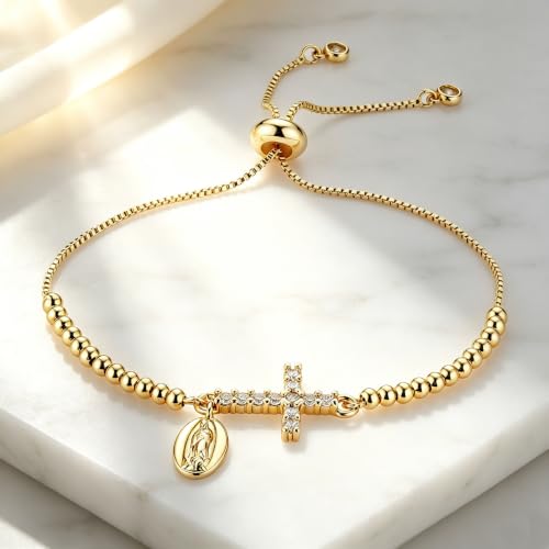 HZMAN 14K Gold Plated Cross Bracelet for Women, Brass Adjustable Bolo Bracelet with CZ, Religious Saint Benedict/Virgin Mary/Jude Pendant Jewelry Gift - color: Virgin Mary