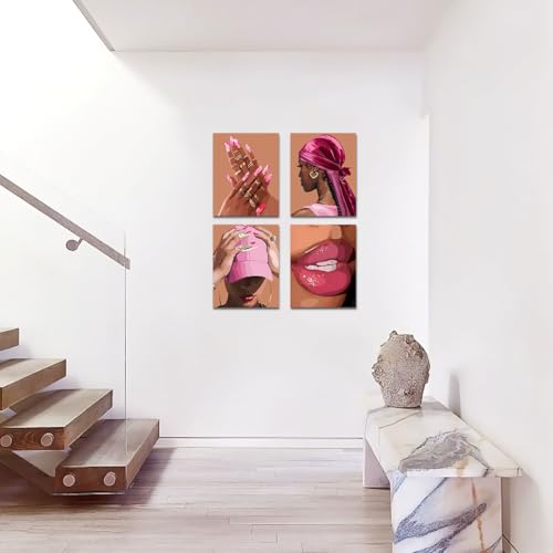 Pink Bedroom Wall Decor Black Girl Wall Art Canvas Prints Set of 4 - color: Framed 8"x10" Pink Black Women Wall Art Set of 4