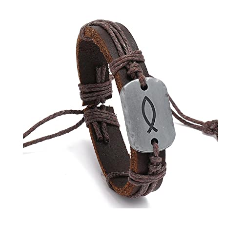 Sign of The Fish Men's Leather Wrap Bracelet Retro Braided Leather handmade Bracelet Adjustable for men - color: Brown