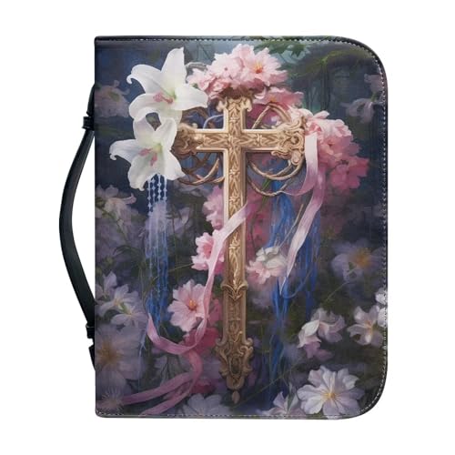 Cross Flower Bible Covers for Women Large Size PU Leather Bible Carrying Case Multi-Purpose Bible Tote Bag with Handle Easy to Store - color: Cross Flower, size: 2XL