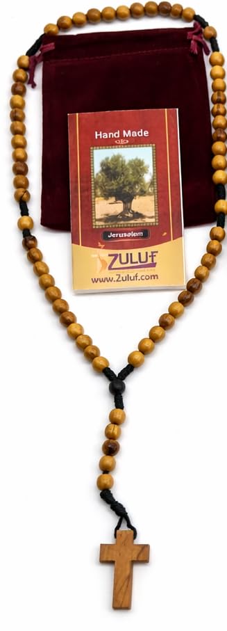 Zuluf Olive Wood Catholic Rosary Set of 6 - Holy Land Israel Wooden Prayer Beads with Traditional Cord & Wooden Cross, Bulk Religious Rosaries for Church, Sacraments, Baptism, Confirmation, Rosarios Católicos
