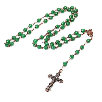 Nazareth Store Natural Stone Beads 8mm Rosary Necklace Antique Copper Design Holy Soil Medal & Cross in Velvet Bag - Catholic Rosaries Terra Santa Jerusalem Collection - color: Green Jade