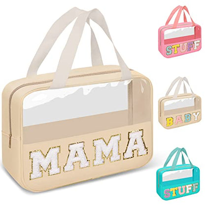 Preppy Clear Mama Makeup Bags with Chenille Letter Patches, Travel Essentials Large Clear Make up Bag Zipper Pouch with Handle, Waterproof Nylon Cosmetic Toiletry Storage Tote for Women (MAMA-Beige) - color: MAMA-Beige