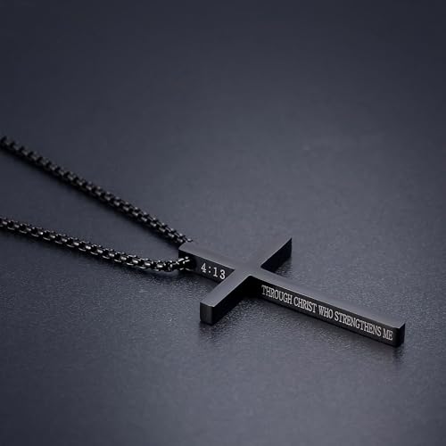 Cross Necklace for Men Christmas Gift Cross Pendant Strength Bible Verse Stainless Steel Necklaces - style: Black cross