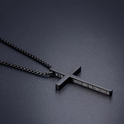 Cross Necklace for Men Christmas Gift Cross Pendant Strength Bible Verse Stainless Steel Necklaces - style: Black cross