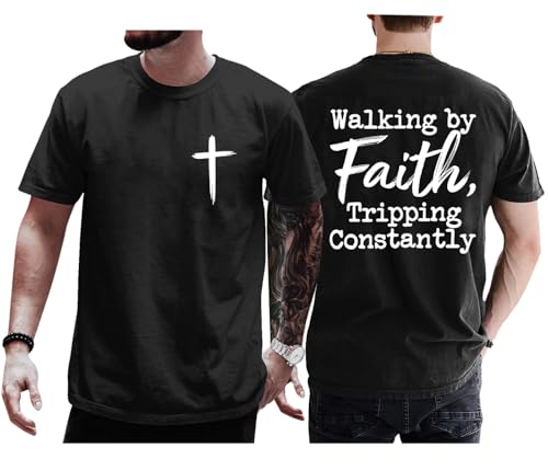 Christian Shirts for Men, Faith Tshirts for Women, Walking by Faith Tripping Constantly T-Shirt, Funny Religious Tee - color: Black, size: 3X-Large