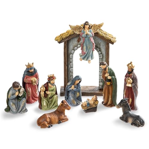 Glitzhome Christmas Nativity Set Indoor 8" Resin Nativity Figurines Set 11 Pcs Removable Angel Statue Multi-Colored Nativity Sets & Figures Christian Holy Family Figure with Baby Jesus - color: Colorful Nativity Set