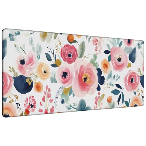 Watercolor Floral Mouse Pad,35.4 x 15.7 Inch Large Mouse Mat Non-Slip Rubber Stitched Edges for Writing Desk,Office,Home,Laptop - color: Watercolor Floral, size: 35.4L x 15.7W inches