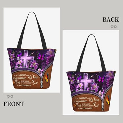 Tote Bag For Women, Tote Bag With Zipper Large Shoulder Bag For Women Travel, Work, Office, College, Nursing - color: Bible Cross