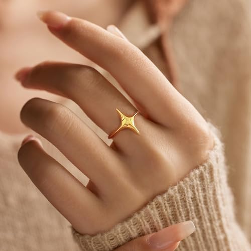Star Rings for Women 925 Sterling Silver Cross Ring 14K Gold Plated Minimalist Trendy Pinky Ring Stackble Open Rings Friendship Rings Birthday Mothers Day Jewelry Gifts - color: Gold