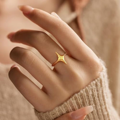 Star Rings for Women 925 Sterling Silver Cross Ring 14K Gold Plated Minimalist Trendy Pinky Ring Stackble Open Rings Friendship Rings Birthday Mothers Day Jewelry Gifts - color: Gold