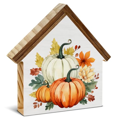 Pumpkin Decor Fall Pumpkins House Shaped Wood Block Sign - color: Pumpkins