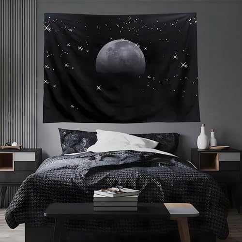 TUGCAY Moon Tapestry Black Tapestry Starry Night Sky Stars Tapestries Wall Hanging for Bedroom College Dorm Living Room Aesthetic Decoration(90x70 Inch) - size: 90"L x 70"W
