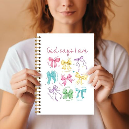 Coquette Bow Christian Notebook, God Says I Am Bible Journaling for Women, Religious Notebook Journal, Christian Bible Verse Gifts for Women, Hardcover Spiral Notebooks 5.5x8.3 Inch - color: Section 11