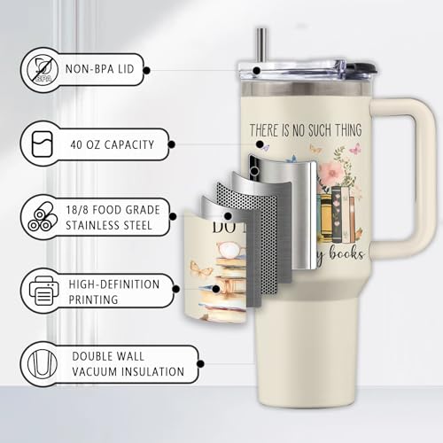 Book Lovers 40oz Tumbler, with Handle Straw, Stainless Steel Cup - color: Reading