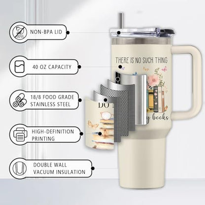 Book Lovers 40oz Tumbler, with Handle Straw, Stainless Steel Cup - color: Reading