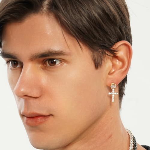 JINAO Cross Hoop Dangle Earrings for Men Women - color: Big Diamond-Silver