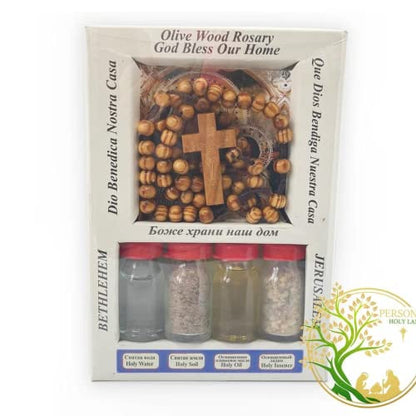 Holy Water | Olive Oil | Holy Land Soil & Frankincense from Bethlehem | Comes with Olive Wood Rosary | Religious Gift