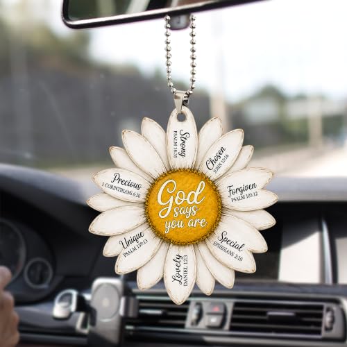 Talataca White Daisy Christian Jesus God Say You are Strong Chosen 2D Flat Car Rear View Mirror Accessories Christmas Tree Ornament Decoration Hanging Charm Interior Rearview Pendant Decor Gift - color: 4