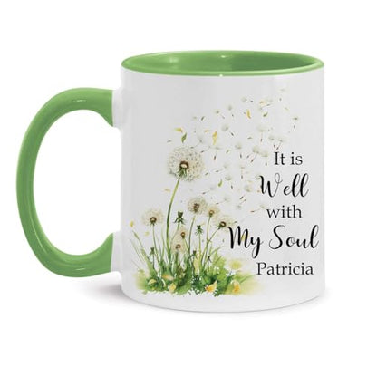 Customized Name Christian Mug, Inspirational Cup 11oz 15oz, Personalized Religious Coffee Mug, Bible Verse And Dandelion Design Cup, Custom Christian Ceramic Mug, Gift For Family Member - color: HOA-624-2161-WELL WITH MY SOUL MUG