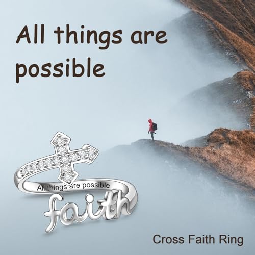 Helonley Cross Faith Ring for Women - 925 Sterling Silver Inspiration Rings - style: All Things Are Possible