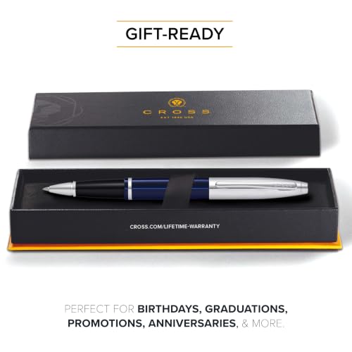 Cross Calais Rollerball Pen, Chrome & Blue Lacquer, Medium Point, Black Ink - color: Chrome & Blue