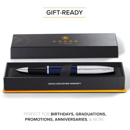 Cross Calais Rollerball Pen, Chrome & Blue Lacquer, Medium Point, Black Ink - color: Chrome & Blue
