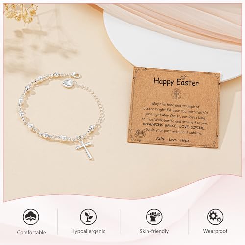 First Communion Confirmation Baptism Godmother Gifts for Teen Girls Women, Catholic Christian Cross Pearl Bracelet - color: Silver, size: Happy Easter