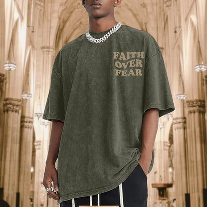 Christian Shirts for Men Faith Over Fear Oversized Tees - color: Army Green, size: Small