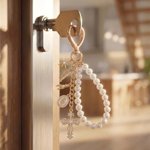 Cute Bag Charms Keychain - Pearl Keyring Wristlet Birthday Gifts - color: Gold Cross