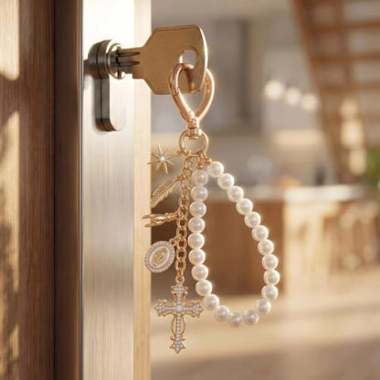 Cute Bag Charms Keychain - Pearl Keyring Wristlet Birthday Gifts - color: Gold Cross